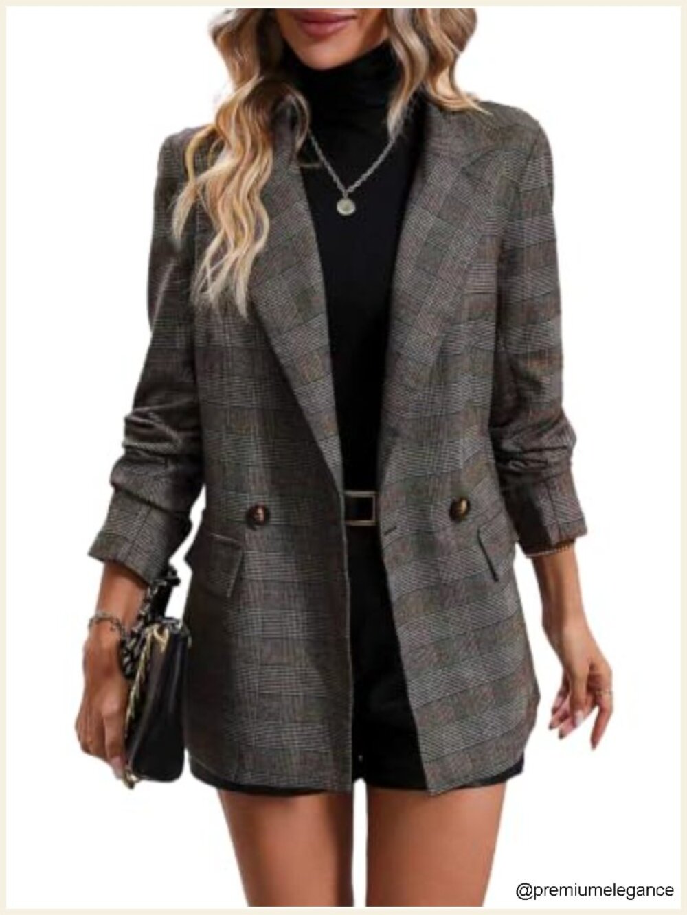 Plaid Houndstooth Blazer Double Breasted Notch Lapel Padded Shoulders Women’s